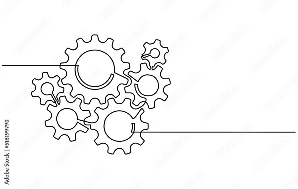 Wall mural continuous line drawing of machine gears. vector illustration of a gear wheel with gears on a transp - Wall murals