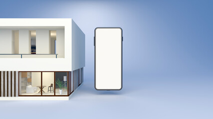 Smart home app mockup. Home and smartphone 3d illustration