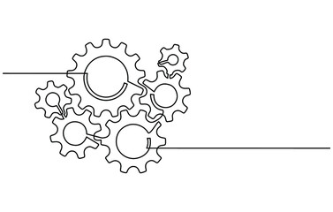 Continuous line drawing of machine gears. Vector illustration of a gear wheel with gears on a transparent background. Engine gear technology concept in doodle style