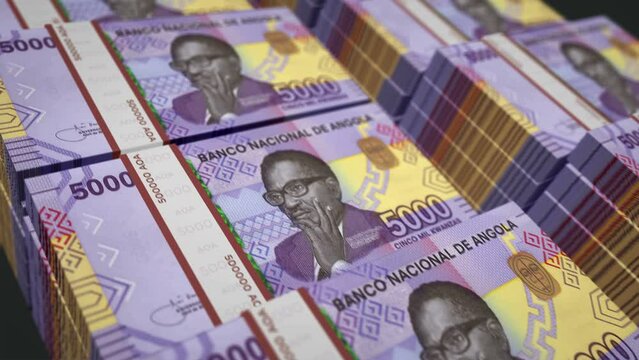 Angolan Kwanza money pack loop 3d animation. Loopable seamless concept of finance, cash, economy, business and bank in Angola. Camera moving over the 5000 AOA banknote bundle stacks.