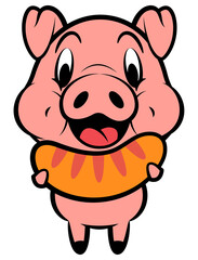Cartoon illustration of Funny Piglets holding a grilled sausage, best for sticker, mascot, and logo with fast food business themes for kids