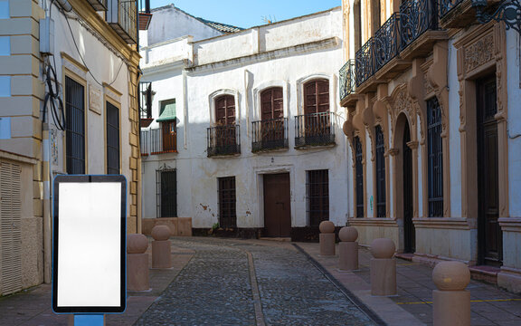 Scoreboard mockup historical centre calm empty street in Ronda, Spain, Andalusia
