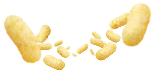 Flying corn sticks, isolated on white background