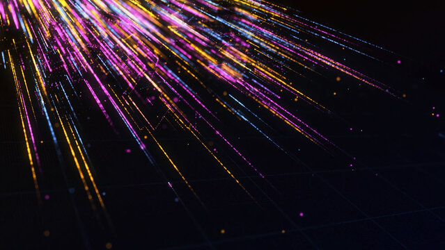 Abstract technology and science backgrounds with rays of energy. Animation. Colorful bright lines of small particles flying on black background, seamless loop.