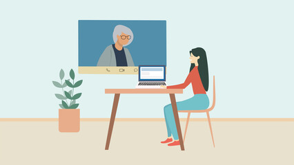Woman holding video conference and working online