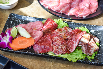 Japanese grilled meat, Beef sliced yakiniku set, BBQ korean roast, Asian traditional food.