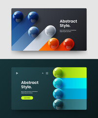 Minimalistic front page design vector concept set. Amazing realistic spheres pamphlet template composition.