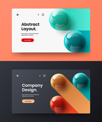 Multicolored site screen design vector layout set. Abstract realistic spheres brochure template composition.