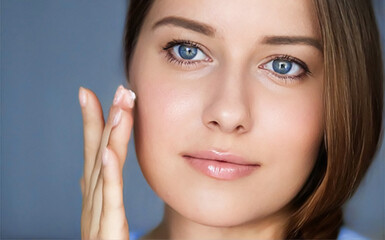 Beauty, makeup and skincare cosmetics model face portrait, beautiful woman applying cream...