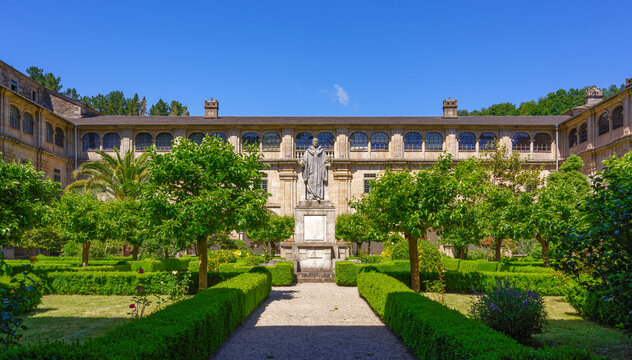 View of garden in the historic monastery of Samos in the namesake village of Galicia, Spain, right on St James way.