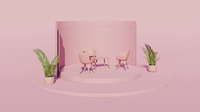 3d render of the podium with three pink chairs, plants and table.Presentation or background using. Loopable rotation animation.