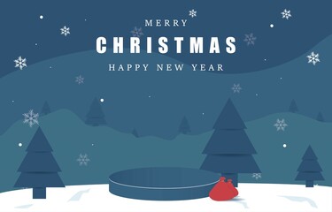 Fototapeta na wymiar Merry Christmas banner with product podium in snowy night with firs, coniferous forest, falling snow, Woodland landscape for winter and new year holidays. Holiday winter landscape. Vector illustration