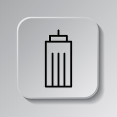 Building icon, vector. Flat design. Black icon on square button with shadow. Grey background.ai