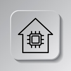 CPU, house simple icon vector. Flat desing. Black icon on square button with shadow. Grey background.ai