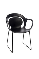 Black plastic and metal legs chair. Modern designer chair on white background. Metal chair. Series...