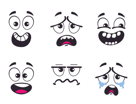 Cartoon face with different emotions isolated set. Vector flat graphic design illustration