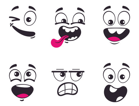 Cartoon face with different emotions isolated set. Vector flat graphic design illustration