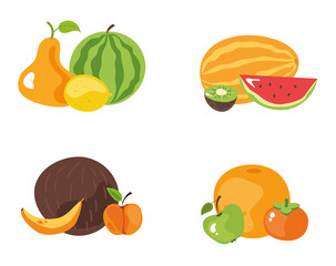 Cut slice whole and half fruits isolated set. Vector flat cartoon graphic design illustration