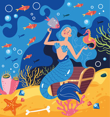 Mermaids woman girl character on ocean sea bottom composition concept. Vector flat graphic design element illustration