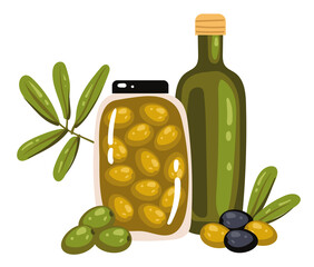 Oil olive product bottle glass concept. Vector flat graphic design element illustration