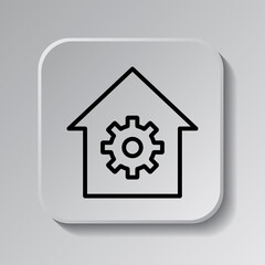 Gear, house simple icon vector. Flat design. Black icon on square button with shadow. Grey background.ai