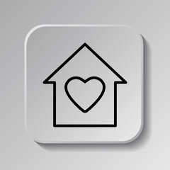 Heart, house vector simple icon. Flat design. Black icon on square button with shadow. Grey background.ai
