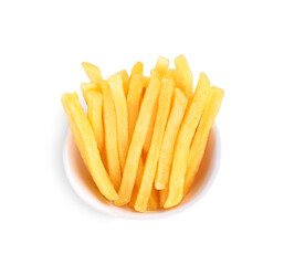 French fries in a white bowl isolated on white background. Top view