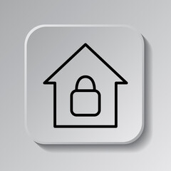 Lock, house simple icon. Flat design. Black icon on square button with shadow. Grey background.ai