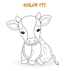 Coloring page for kids with little cute cow. Color it vector illustration
