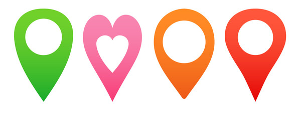 Set of location pointers in different colors and shapes. Flat vector illustration