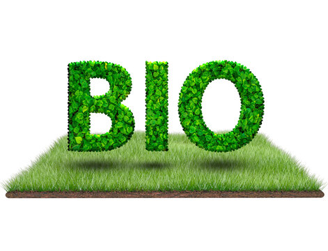 An illustration with eco- friendly text with a green lawn on a white background .