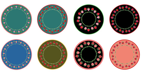 Dishes with an ornament of multicolored strawberries. Strawberry round pattern.