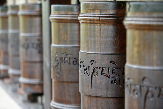 Prayer wheels in Dhagpo Kagyu Ling Tibetan buddhist monastery