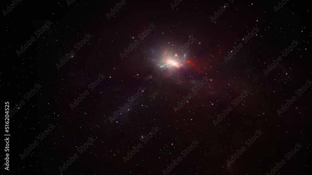 Wall mural space background. colorful fractal red nebula with star field. 3d rendering