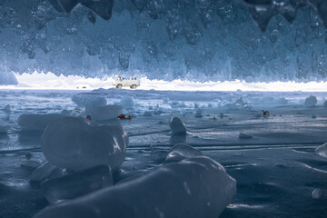 Cuevas de hielo cristalino sobre lago helado 