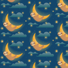 Cute sloth in space sleeping on the shiny moon, cosmic seamless pattern with clouds and stars. Vector space pattern for little kids and children