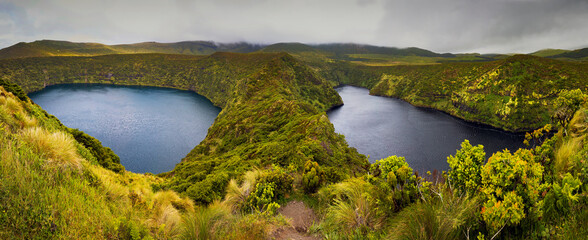 Panorama with Lagoa Negra and Lagoa Comprida in Flores island, Azores, Portugal © p_rocha