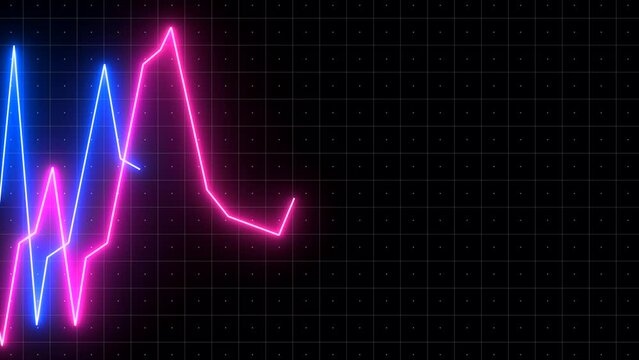Neon abstract charts with changing values of check points on a dark background. Motion. Animation with up and down moving blue and pink neon lines.
