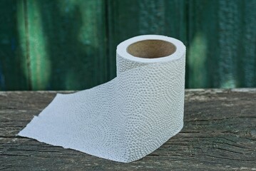 one white toilet paper roll on a gray table on a green background