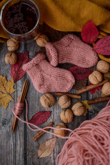 Finished knitting project, soft and unique handmade socks for newborn baby, made of premium alpaca wool yarn, on dark wooden background, dry autumn leaves and walnuts on the table