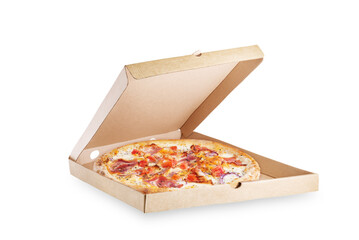 Fresh baked pizza carbonare in a box on a white isolated background