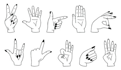 Different hand gestures. Hand showing signal or sign collection on white background isolated vector.