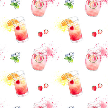 Seamless watercolor pattern with cocktails, berries and mint isolated on white background. Hand drawn illustration