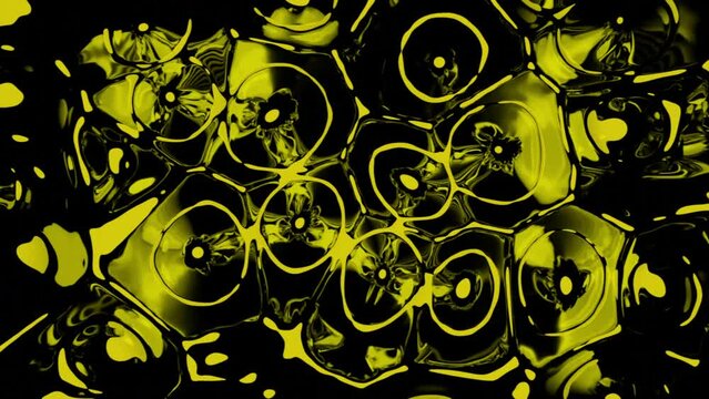 Abstract visualization of many loud speakers beating the rhythm on a black background. Design. Moving colorful shapes of sound speakers.
