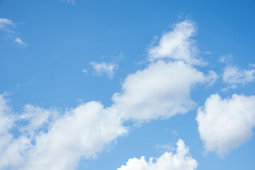 Blue sky background with white fluffy cumulus clouds. Panorama of white fluffy clouds in the blue sky. Beautiful vast blue sky with amazing scattered cumulus clouds.