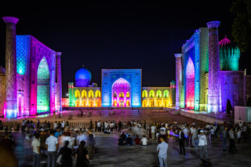 samarkand, registan square, by night, long exposure, light show, mosques, ensemble, Uzbekistan,...