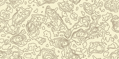 Topography beige map seamless pattern with dotted and solid lines. Abstract topographic curves. Repeat geometric background. Outline topology land or underwater relief texture. Vector illustration.