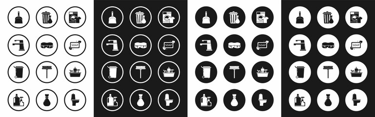 Set Washer and t-shirt, Sponge, Water tap, Dustpan, Bar of soap with foam, Trash can garbage bag, Plastic bottles for liquid dishwashing liquid and icon. Vector