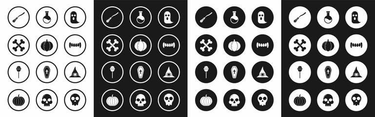 Set Ghost, Pumpkin, Crossed bones, Witches broom, Vampire teeth, Bottle with potion, hat and Lollipop icon. Vector - obrazy, fototapety, plakaty