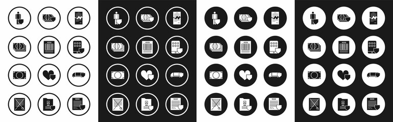 Set Torn contract, Report file document, Stacks paper money cash, Life insurance with shield, Smartphone, Money, Delivery cargo truck and icon. Vector